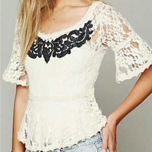 Free People Cream Lace Peplum Top With Black Lace Detail Collar. EUC. Sz…